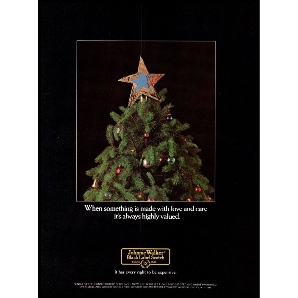 1984 Johnnie Walker Scotch Black Label Vintage Print Ad Christmas Tree Star Art